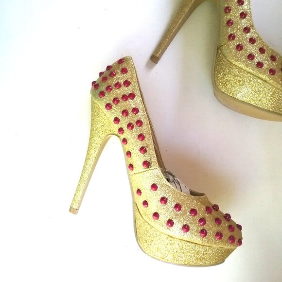 "Ami Clubwear" Size 6.5 Stripper Platform Pumps Heels Gold Sparkle, Pink Bubbles - Picture 2 of 15